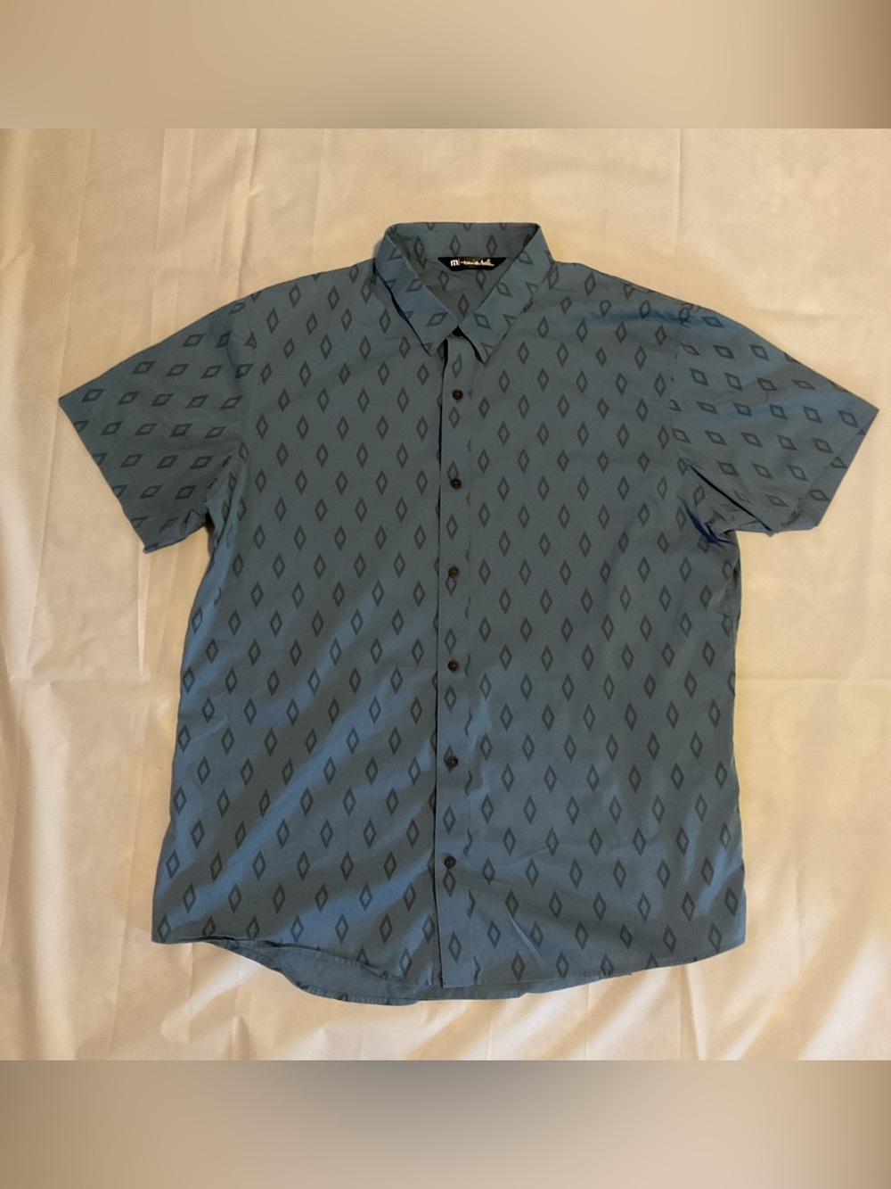 Travis Mathew Teal Blue Diamond-Print Short Sleeve Button-Up Shirt